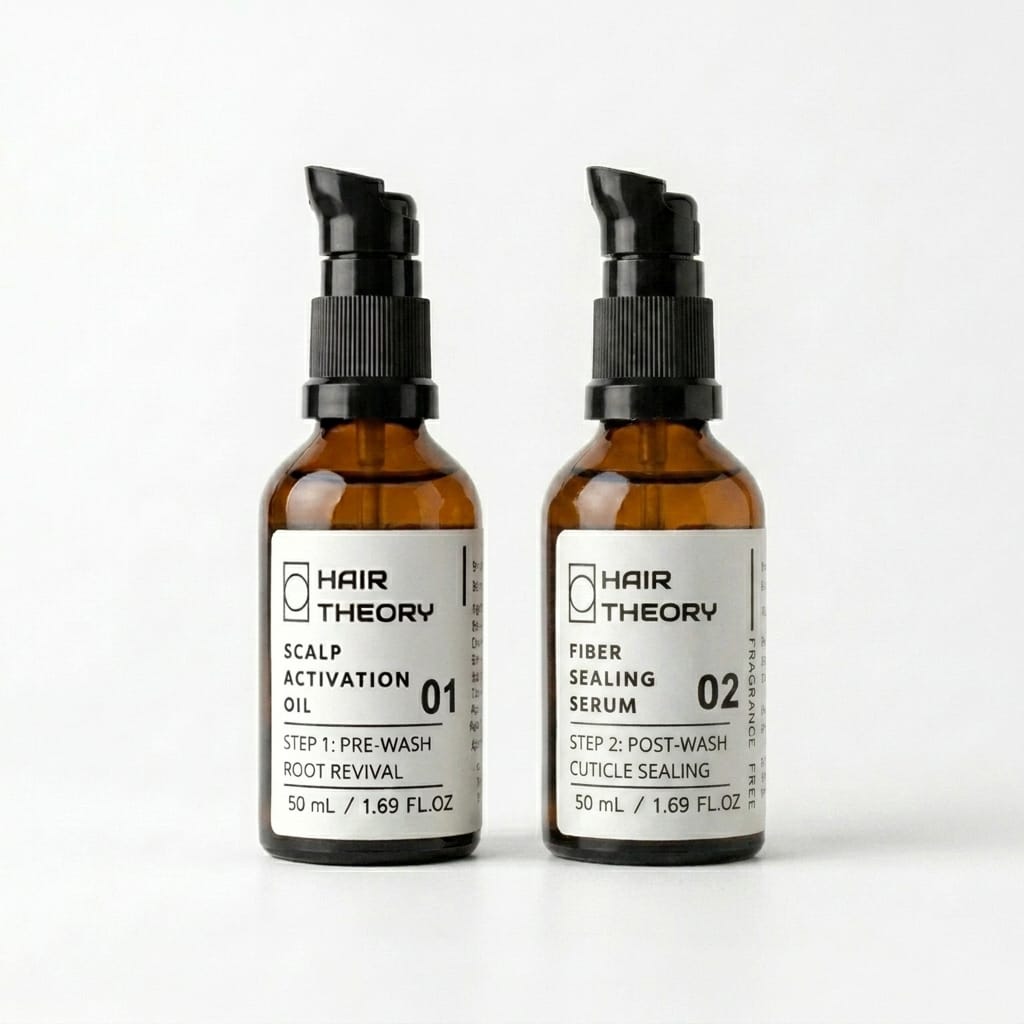 Hair Theory Complete Hair Care Protocol — Scalp Activation Oil and Fiber Sealing Serum in 50 ml amber glass bottles with black pumps.