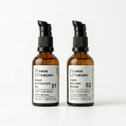 Hair Theory Complete Hair Care Protocol — Scalp Activation Oil and Fiber Sealing Serum in 50 ml amber glass bottles with black pumps.
