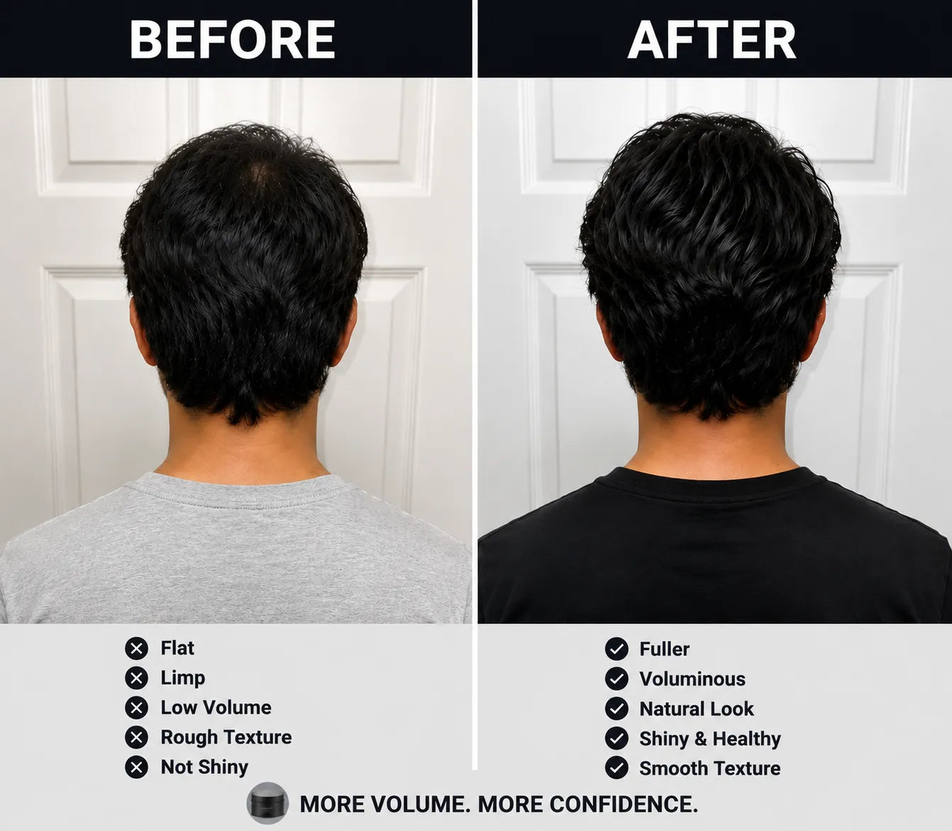 Before and after comparison of hair volume and texture with text labels.