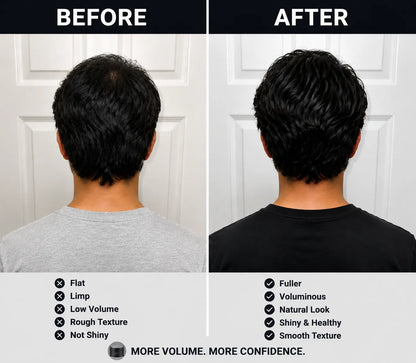Before and after comparison of hair volume and texture with text labels.