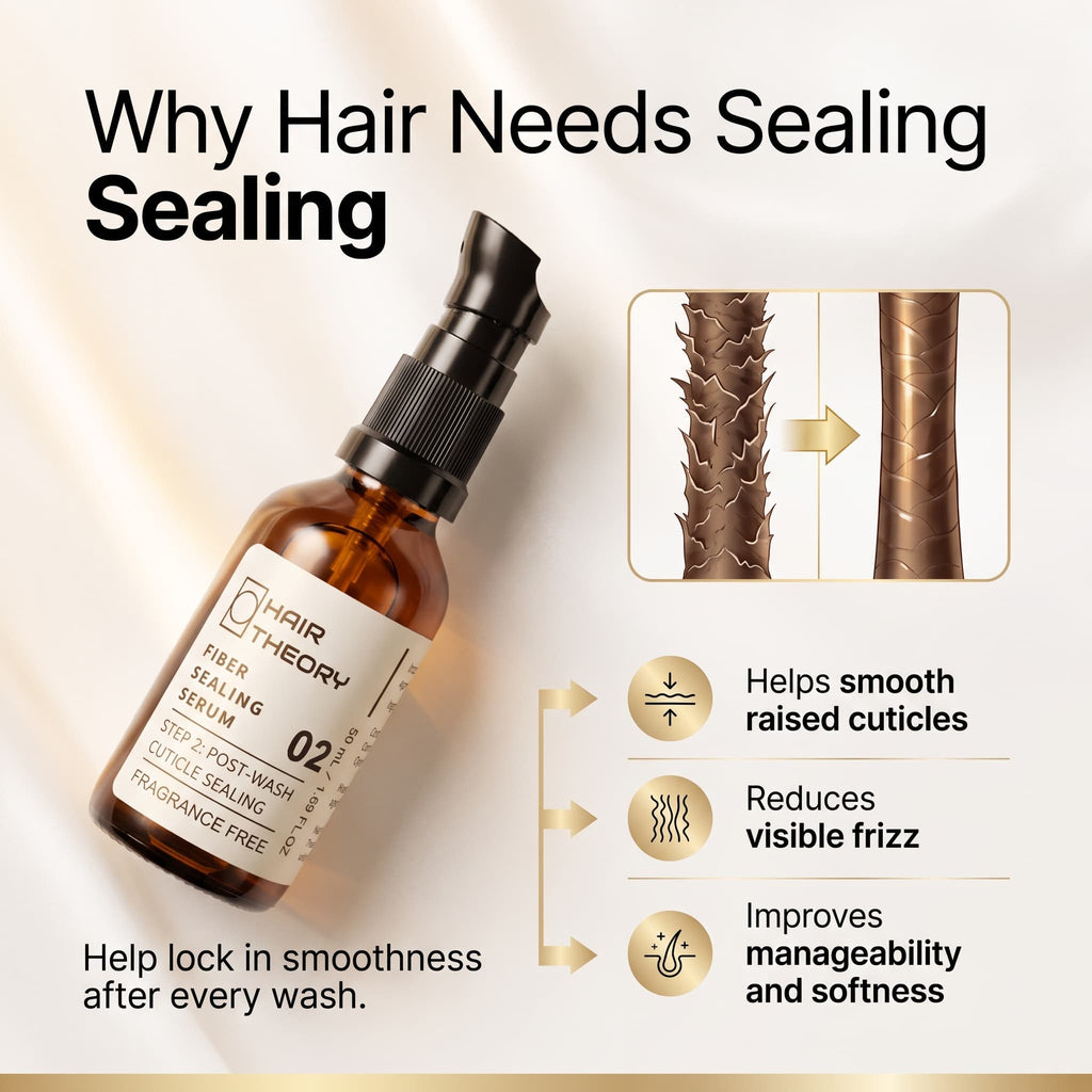 Hair Theory Fiber Sealing Serum bottle shown on a warm beige background with promotional text and a before/after hair cuticle graphic. The amber bottle has a black pump and a cream label with the Hair Theory logo.