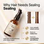 Hair Theory Fiber Sealing Serum bottle shown on a warm beige background with promotional text and a before/after hair cuticle graphic. The amber bottle has a black pump and a cream label with the Hair Theory logo.