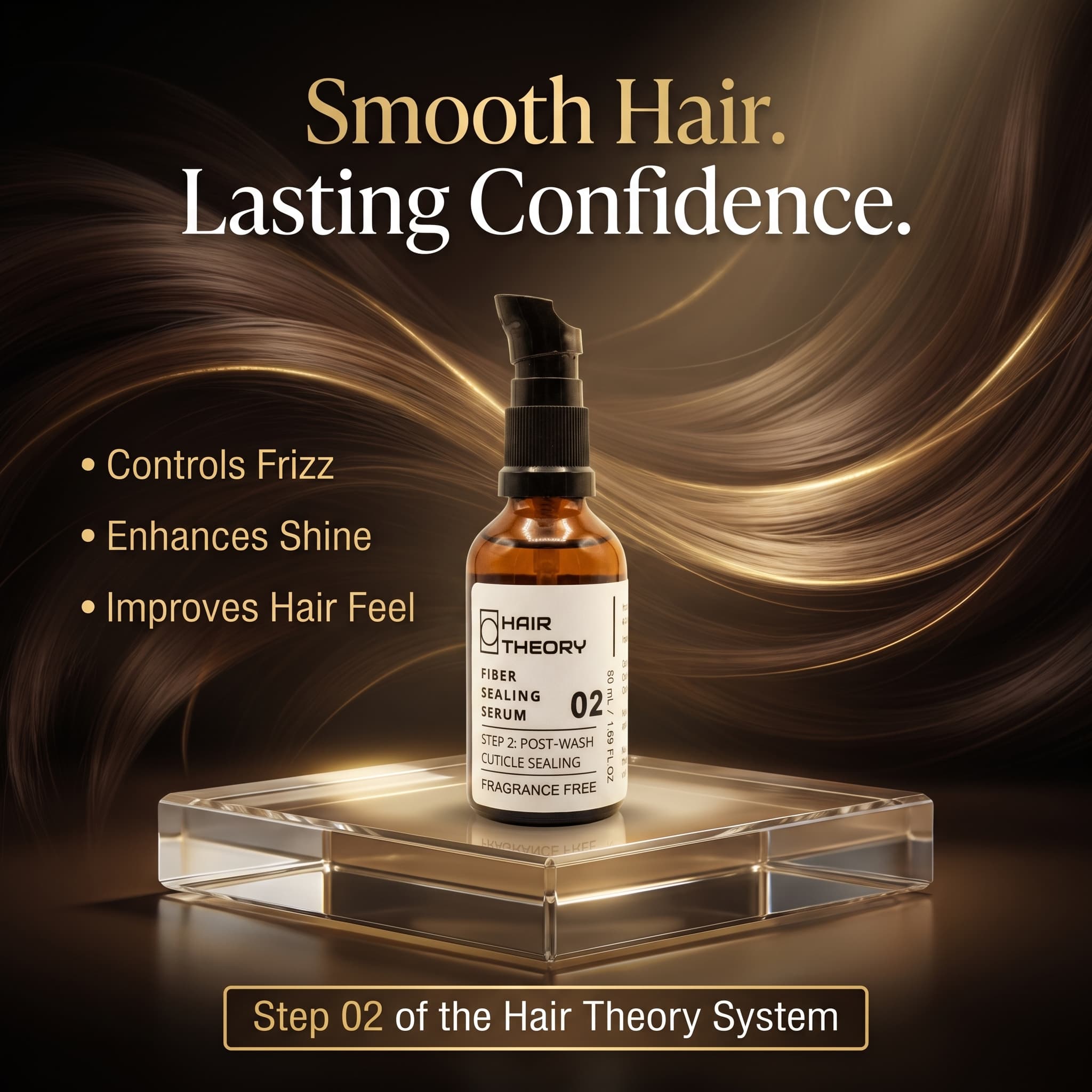 Hair Theory Step 02 Hair Sealing Serum in an amber glass bottle with a black pump, displayed on a clear acrylic pedestal against a dark brown background with golden hair swirls. Text overlays read 'Smooth Hair.