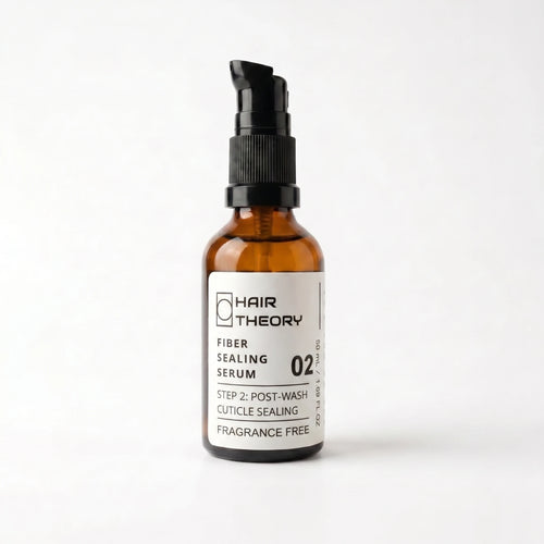 Hair Theory Fiber Sealing Serum, a 50 ml fragrance-free post-wash serum in an amber glass bottle with a black pump.