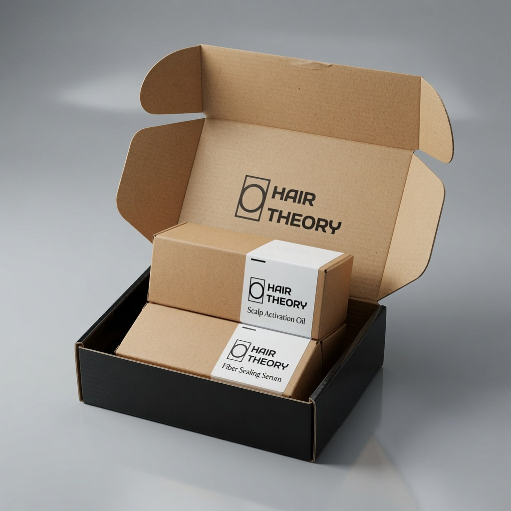 Hair Theory Complete Hair Care Protocol delivery box, open to show the Scalp Activation Oil and Fiber Sealing Serum boxes inside.