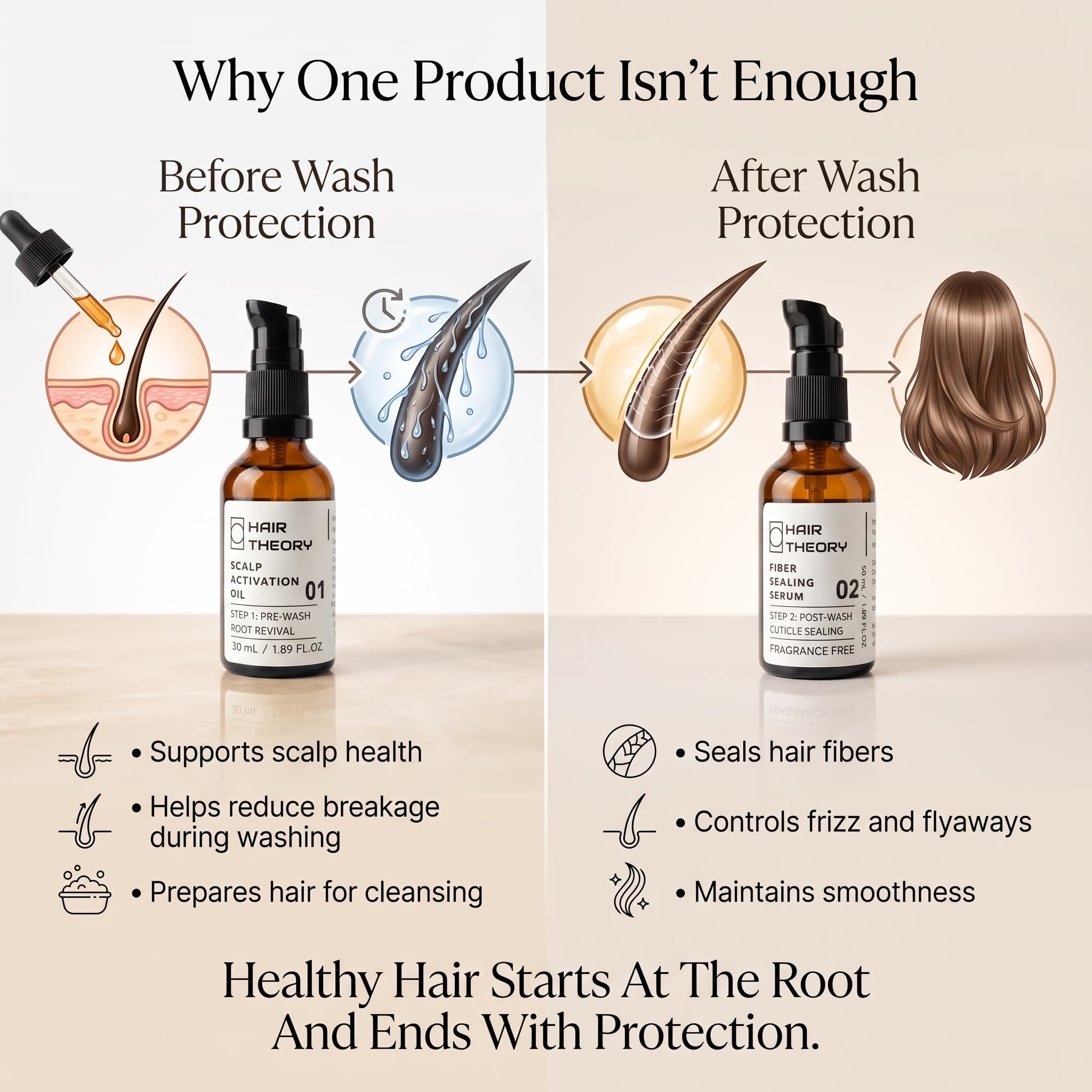 An infographic-style product marketing image for a hair care bottle labeled Hair Theory. It shows a before-and-after hair protection concept with illustrated hair, scalp, and hair fiber diagrams, plus text about scalp health, breakage reduction, and smoothness.