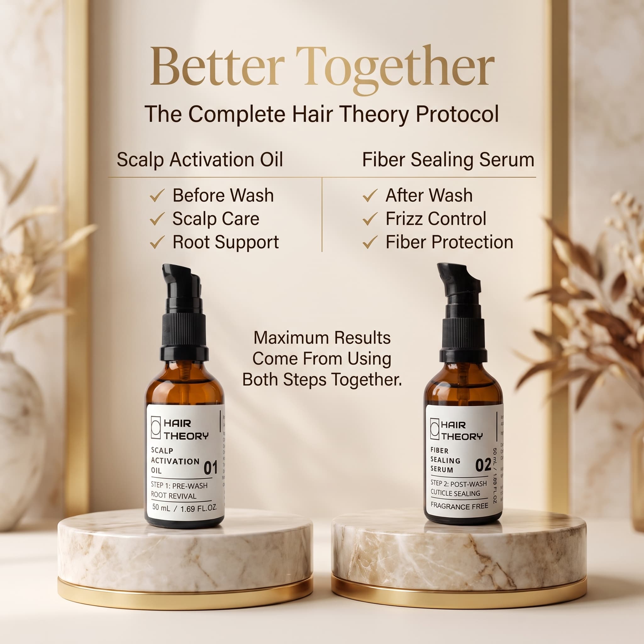 Hair growth treatment set by Hair Theory, featuring Scalp Activation Oil and Fiber Sealing Serum in amber glass bottles with black pumps, displayed on marble pedestals with promotional text.