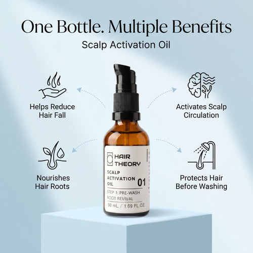 Hair Theory Scalp Activation Oil (Step 01, pre-wash) 50 ml amber glass bottle on a white background.