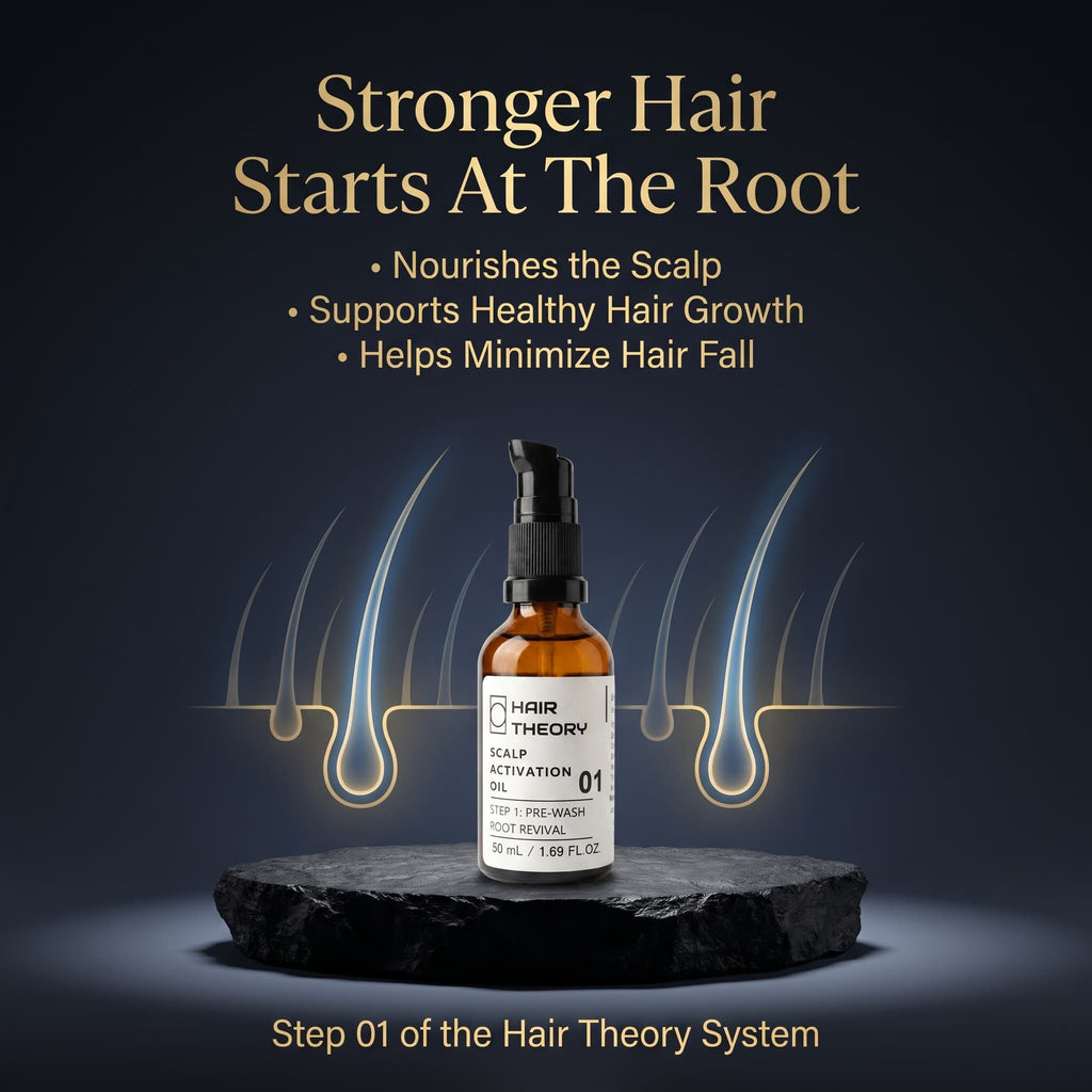 Hair Theory Scalp Activation Oil on a stone pedestal — nourishes the scalp, supports healthy hair growth, and helps minimise hair fall.