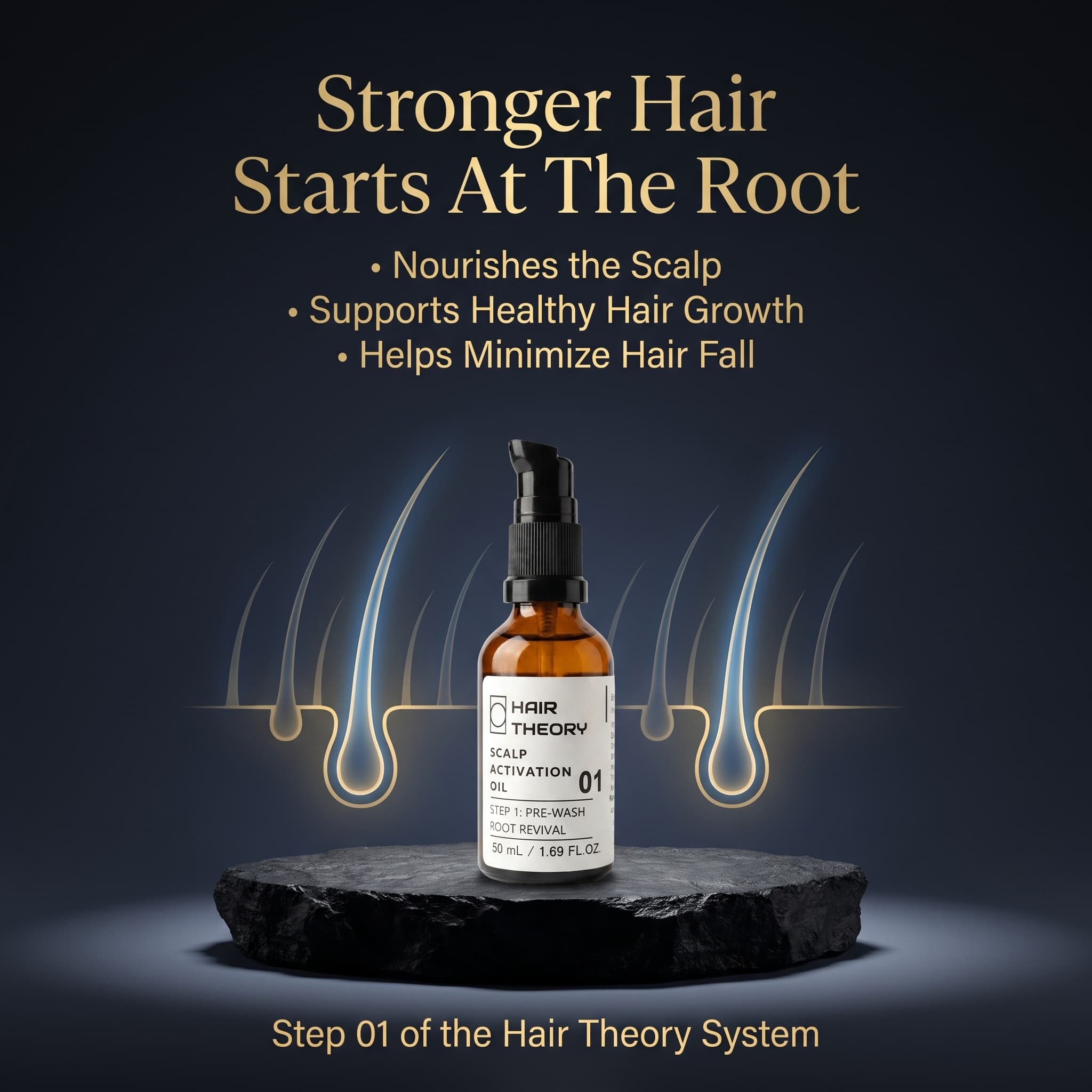 Hair Theory Scalp Activation Oil on a stone pedestal — nourishes the scalp, supports healthy hair growth, and helps minimise hair fall.