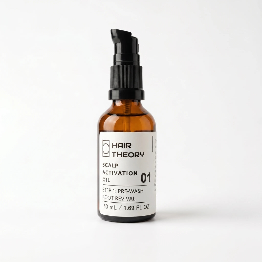 Hair Theory Scalp Activation Oil, a 50 ml pre-wash scalp oil in an amber glass bottle with a black pump.