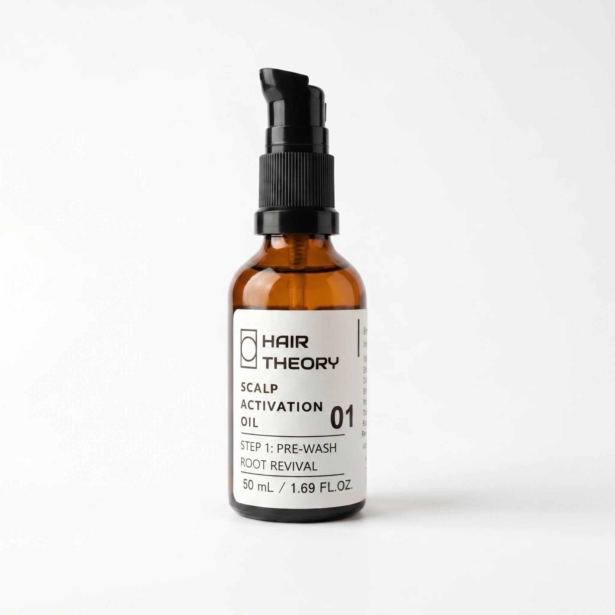 Hair Theory Scalp Activation Oil, a 50 ml pre-wash scalp oil in an amber glass bottle with a black pump.