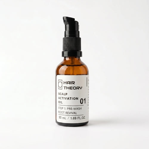 Hair Theory Scalp Activation Oil, a 50 ml pre-wash scalp oil in an amber glass bottle with a black pump.